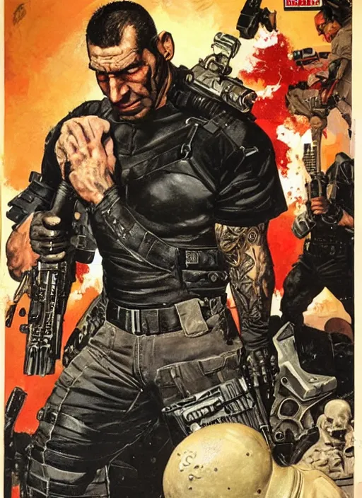 Prompt: full body and head portrait of dave bautista as the punisher, painted by norman rockwell and phil hale and greg staples and tom lovell and frank schoonover and jack kirby