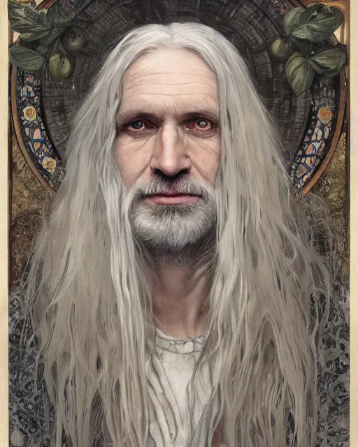 Image similar to portrait of 4 0 - year - old man with long white hair with a pale complexion, pointed face and grey eyes, hyper realistic face, beautiful eyes, fantasy art, in the style of greg rutkowski, intricate, alphonse mucha, hyper detailed, smooth