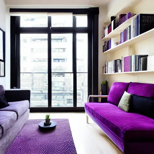 Prompt: award winning interior design city apartment, cozy, fabrics and textiles, deep purple accent color, book shelf, couch, desk, balcony door, plants, photograph magazine, wide angle