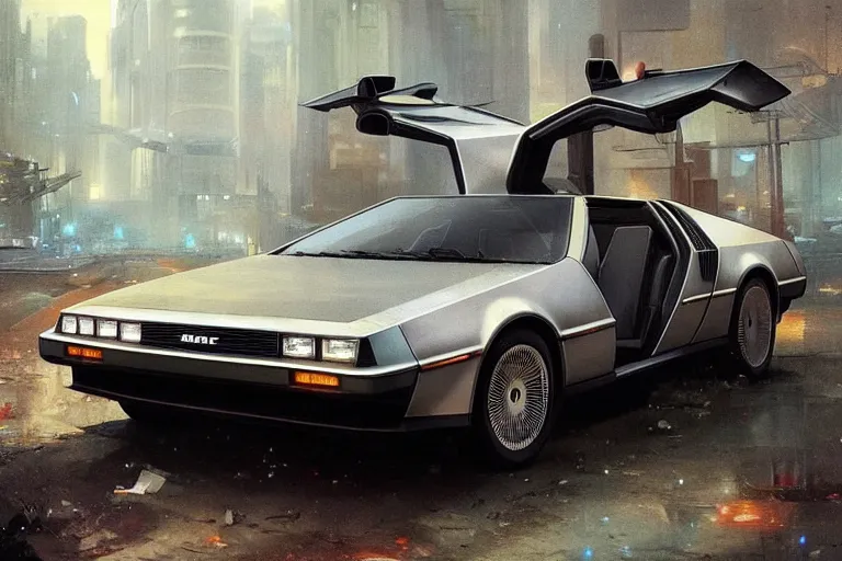 Image similar to photograph of the delorean, with a sleek spoiler, driving down the streets of a cyberpunk abandoned city, by greg rutkowski, by stanley artgerm, by alphonse mucha