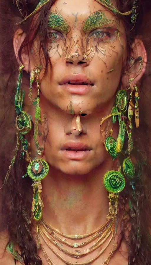 Image similar to epic masterpiece portrait of a beauty, tribal makeup and jewelry, sweaty skin, hyperrealistic, octane render, cinematic, beautiful face and flawless skin, perfect hands, emeralds by Edgar Maxence and Ross Tran and Michael Whelan, Legends of Runeterra