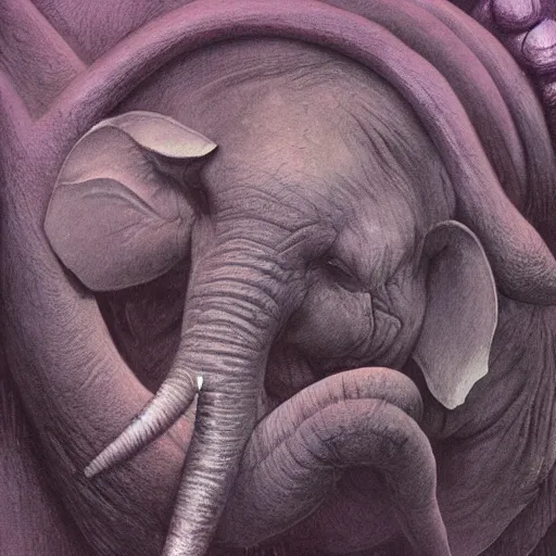 Image similar to purple elephant crying in a cave, tears from eyes, close up camera angle, raining, illustration, detailed, smooth, soft, cold, by Adolf Lachman, Shaun Tan, Surrealism