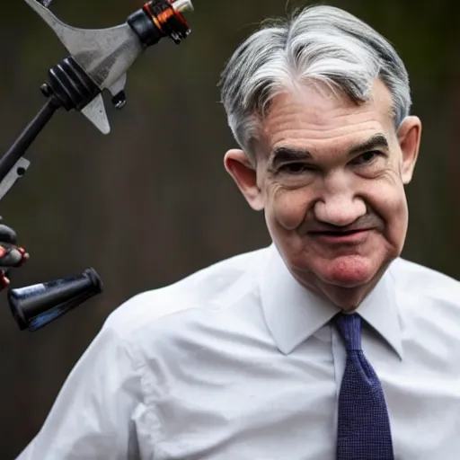 Image similar to photo of Jerome Powell with whiteface clown makeup using a flamethrower, highly-detailed