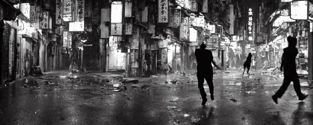 Image similar to dynamic steadicam shot, following a black clad man running through a crowded narrow alley in kowloon walled city, , fluorescent lights, night, rain, tungstem color balance, cinestill, cinematic movie still