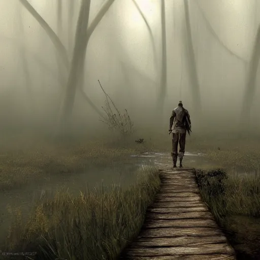 Prompt: an adventurer walking in a misty swamp, melancholic atmosphere, morrowind, artstation, great level of detail