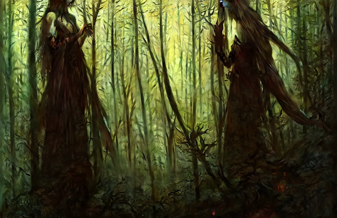 Image similar to inside a dark horror forest, heroic lighting, folklore, intricate, elegant, highly detailed, lifelike, photorealistic, digital painting, artstation, illustration, concept art, smooth, sharp focus, art by John Collier and Albert Aublet and Krenz Cushart and Artem Demura and Alphonse Mucha