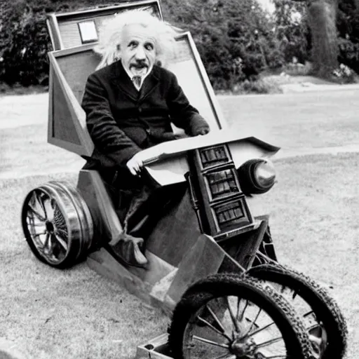 Image similar to Albert Einstein driving a Star Wars Speeder bike