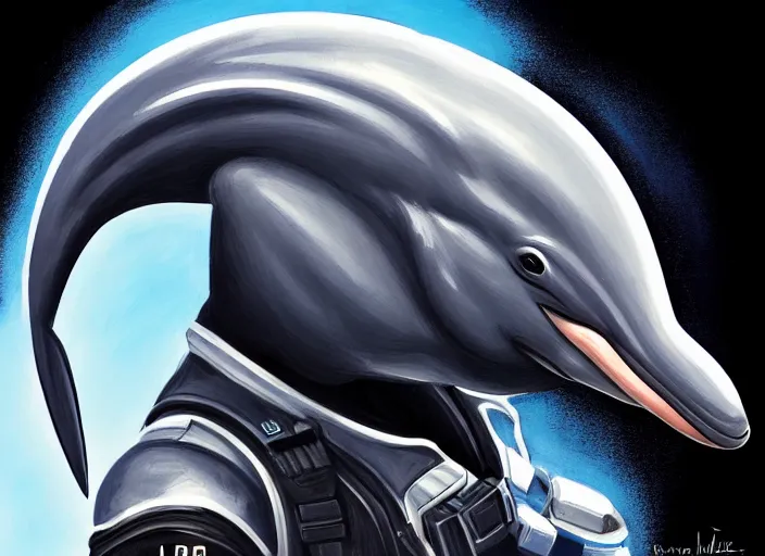 Prompt: symmetrical - photo!! low - angle!! painting of a dolphin in full swat gear, full frame photograph, zeiss lens, intricate, elegant, highly detailed, centered, digital painting, artstation, concept art, smooth, sharp focus, illustration, artgerm