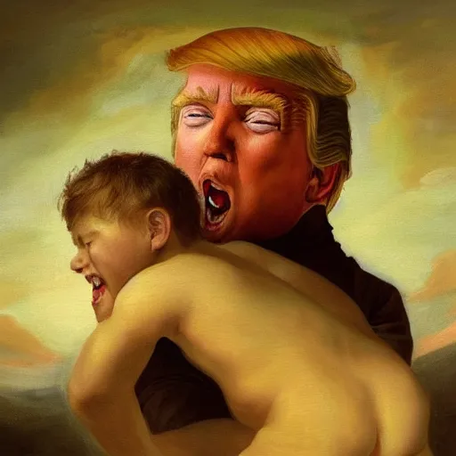 Image similar to a painting of a gigantic Donald Trump eating a boy like Saturn Devouring His Son, 2d, ultra highly detailed, rococo painting, smooth, sharp focus, artstation, pixiv, art by Francisco Goya