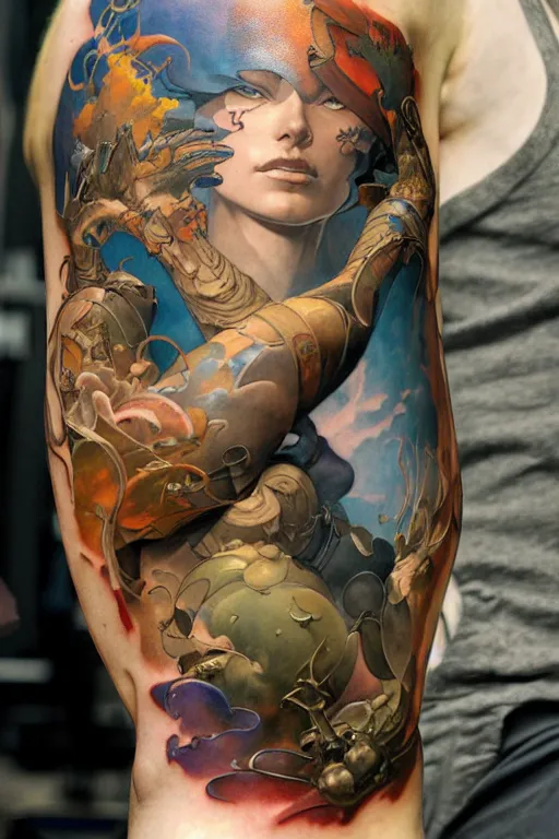 Image similar to arm sleeve tattoo design by peter mohrbacher and craig mullins and hiroshi yoshida and james jean and frank frazetta and michael whelan and andreas rocha