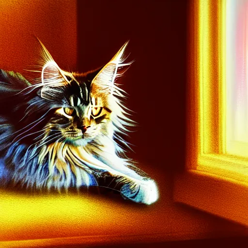 Image similar to portrait cream color maine coon cat curled up, bay window sofa, 8K, 4K, digital art, palette knife, photoshop, sumi-e, oversaturated lens flair, bokeh, sunbeam