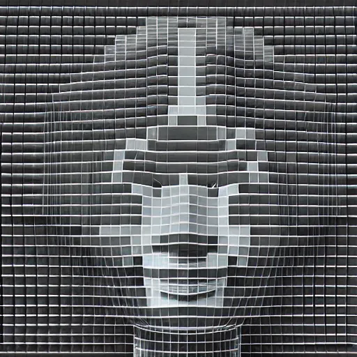 Image similar to a 3/4 view of an android's head made of pixel blocks dispersing into the ether, realistic, 3d render