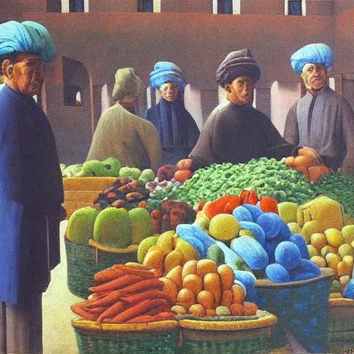 Prompt: market in old samarkand, pastel painting, by rene magritte