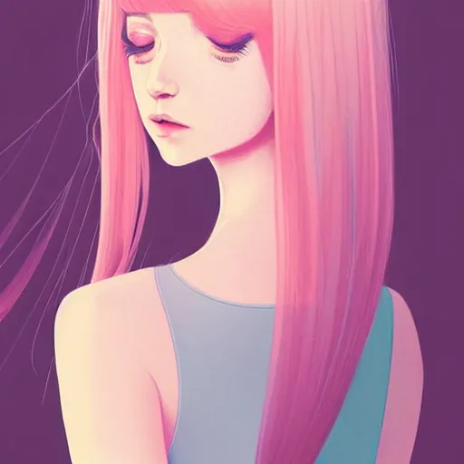 Image similar to adult female in summer dress art, pastel light pink very long hair, muted colors, matte print, pastel colors, ornate, digital art, digital painting, fan art, elegant, artstation, head is centered, by Ilya Kuvshinov