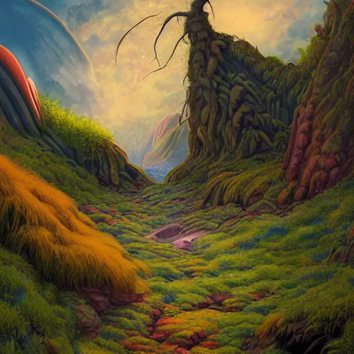 Image similar to digital painting of a lush natural scene on an alien planet by gerald brom. ultra sharp high quality digital render. detailed. beautiful landscape. colourful weird vegetation. cliffs and water.