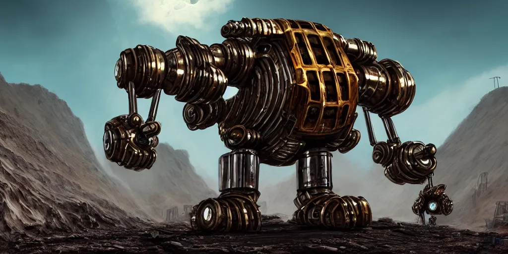 Image similar to a chrome mutant drillbot visiting the asphalt mines, retro - futuristic, science - fantasy, hills, abandoned, ancient tribe, deep shafts, rusted, fungal, salt, lgbt, queer, rpg, epic, dungeons & dragons, sacred, sharp focus, award - winning, extremely detailed, 4 k, 8 k