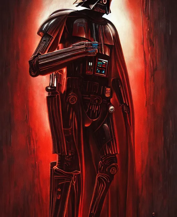 Image similar to a red steampunk darth vader with mechanical tendrils resembling spinal columns extending from his body, by HR Giger and Beksiński and Stephan Martiniere , 4k resolution, detailed, trending on artstation