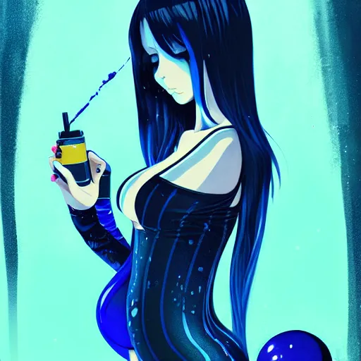Image similar to beautiful seductive slime - girl, in the rain, highly detailed, painting, dark blue and black color palette, intricate, high quality anime artstyle, in the style of ilya kuvshinov