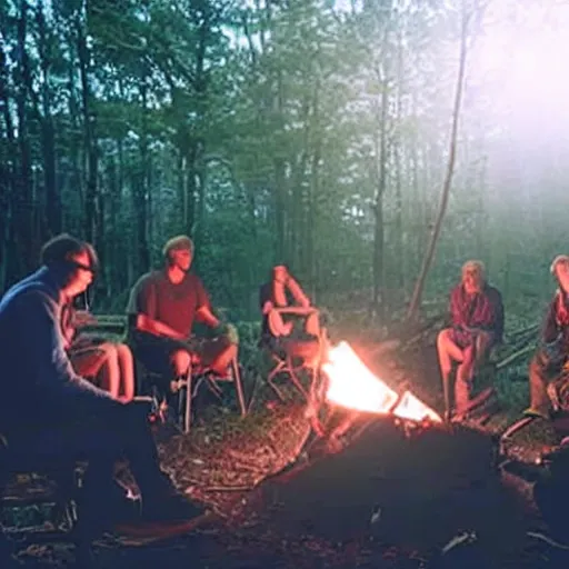 Image similar to A group of people sit around a campfire in the middle of a dark forest. They look tired and scared, Horror, Creepy, Spooky, Camcorder, VHS quality,