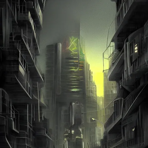 Image similar to futuristic evil city at dusk. figure is obscured by darkness with two bright, shining eyes peering out from the shadows of an alley. cgartist