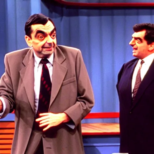 Image similar to mr. bean on the jerry springer show fighting with another guest.