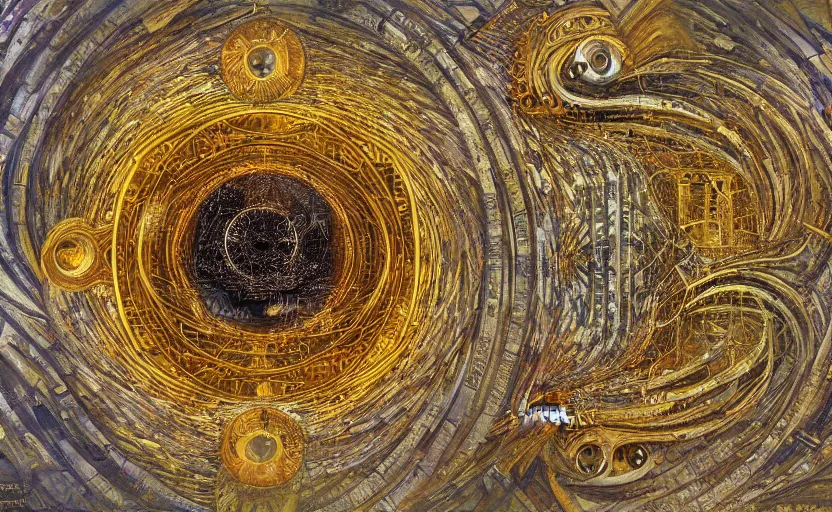 Prompt: Brutalist architecture building, Divine Chaos Engine by Karol Bak, Jean Deville, Gustav Klimt, and Vincent Van Gogh, sacred geometry, visionary, mystic, spiritual, fractal structures, ornate gilded medieval icon, third eye, spirals