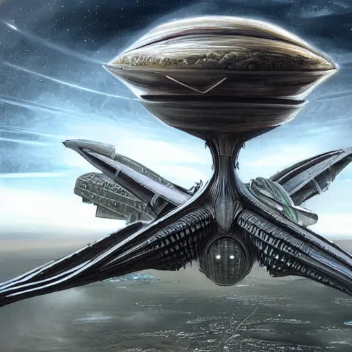 Image similar to a giant spaceship next to Earth in the style of H. R. Giger, realistic painting, high definition, digital art, matte painting, very detailed, realistic