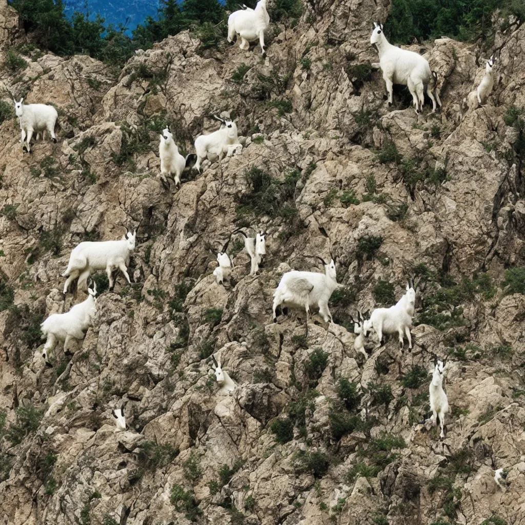 Image similar to mountain goats on a sheer cliffside, dr. suess