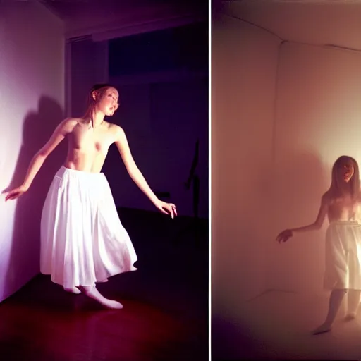 Prompt: cute girl wearing white dancing joyfully in her bedroom at night, cyberpunk lighting, photographed by annie leibovitz