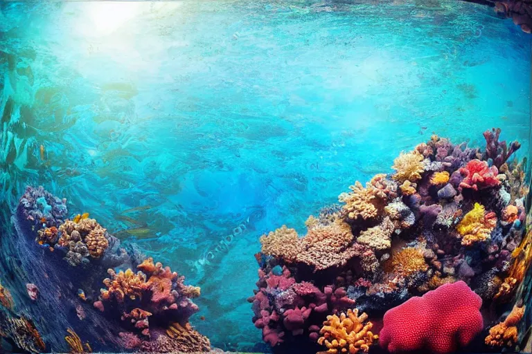 Prompt: “ a sunken ship. under the ocean. diffused sunlight from top. colorful corals growing on the ship. photorealistic ”