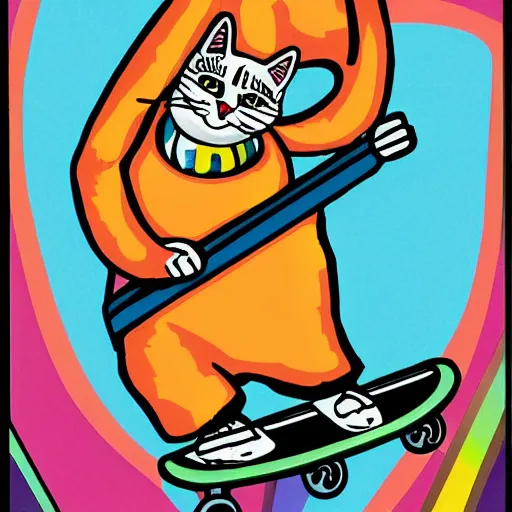 Image similar to 9 0's, 1 9 9 0 s style poster with a cat riding on a skateboard giving a peace sign ✌