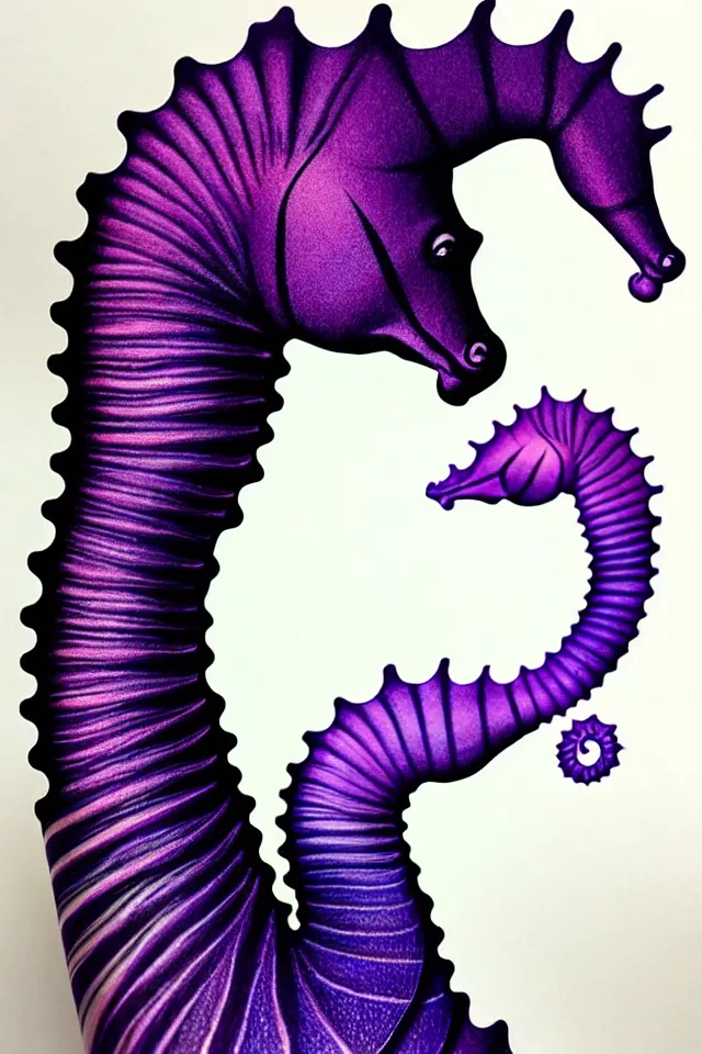 Image similar to a portrait statue of a purple seahorse, black paper, beautiful intricate painting by kokaris