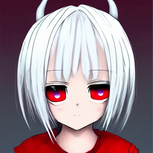 Image similar to white hair, red eyes, two small horn on the head, anime style, anime girl