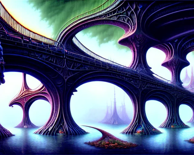 Prompt: street view of a bridge being held up by two hands, fantasy landscape made of fractals facing each other, ultra realistic, wide angle, intricate details, the fifth element artifacts, highly detailed by peter mohrbacher, hajime sorayama, wayne barlowe, boris vallejo, aaron horkey, gaston bussiere, craig mullins