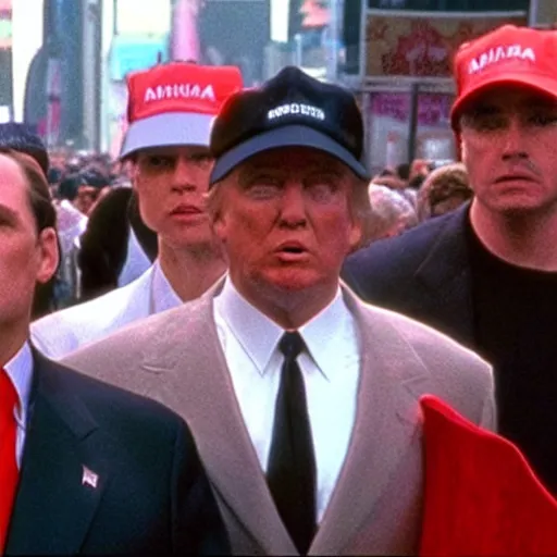 Image similar to still of donald trump walking with bodyguards in time square, wearing maga hat, in american psycho ( 1 9 9 9 )