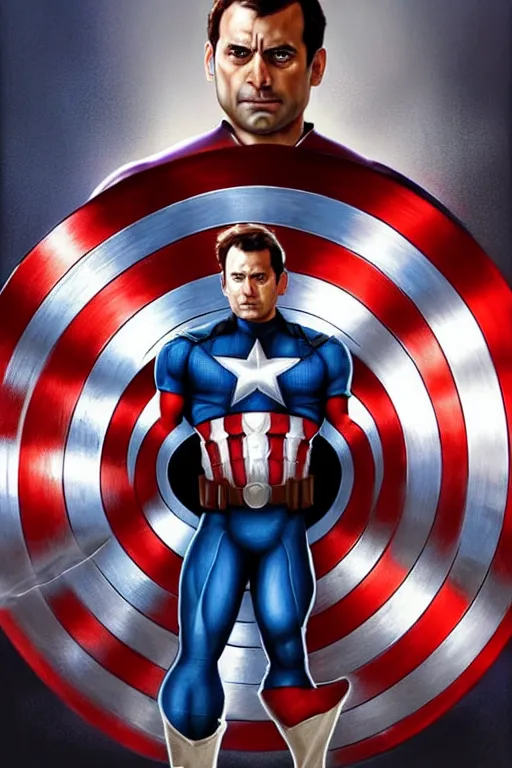 Image similar to Rahul Gandhi as Captain America , Captain America costume, Rahul Gandhi hairstyle, Captain America body type, Rahul Gandhi Face, calm, cute, portrait, baby figure, highly detailed, digital painting, artstation, concept art, smooth, sharp focus, illustration, cinematic lighting, art by artgerm and greg rutkowski and alphonse mucha