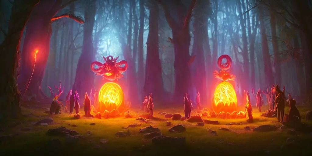 Image similar to group of forest wizards gathered around a summoning circle as a colossal ghostly donut - demon - hybrid - monster after - image emerges from a portal in the sky, glowing, culinary vibes, magic, fantasy colors, cinematic medium shot, 4 k hyper detailed, realistic, by riot games and julia yurtsev