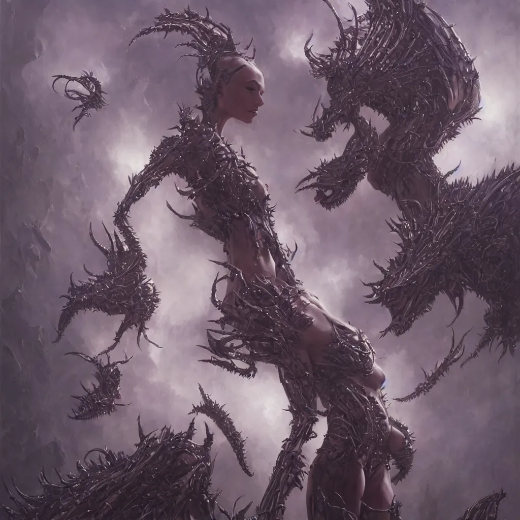 Prompt: photorealistic portrait depiction of a beautiful alien girl, latex, spikes, goth, extraterrestrial, sharp focus, by wayne barlowe, by kinkade, by greg rutkowski, ornate painting, high quality