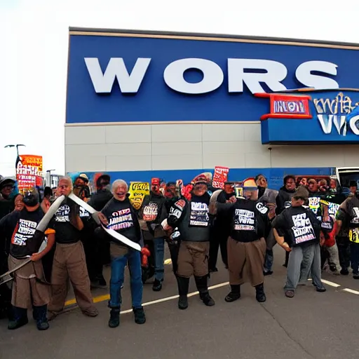 Image similar to orcs standing outside of a Walmart, protesting the working conditions, in 2005