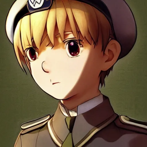 Image similar to beautiful little arian boy in nazi uniform. made in abyss art style, inspired by kris from deltarrune, cute detailed artwork, anatomically correct, soft details, ilya kuvshinov, reflection, perfect composition, portrait, illumination, digital art, detailed anime soft face, symmetrical face, western comic