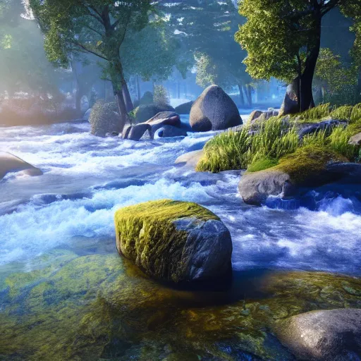 Image similar to a beautiful landscape, river, rocks, trees, volumetric lighting, octane render, nvidia raytracing demo