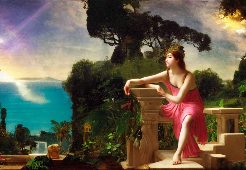 Image similar to Girl playing the palace piano, refracted sparkles, thunderstorm, greek pool, beach and Tropical vegetation on the background major arcana sky, by paul delaroche, hyperrealistic 4k uhd, award-winning, very very very detailed