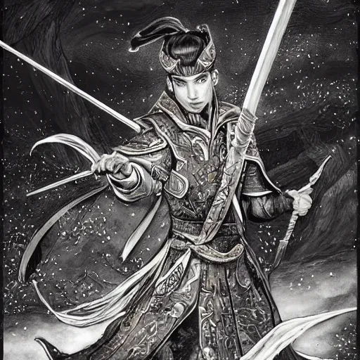 Image similar to a handsome golden magic swordsman glides through a beautiful battlefield magic the gathering dramatic esoteric pen and ink illustrated in high detail by Tatsuki Fujimoto