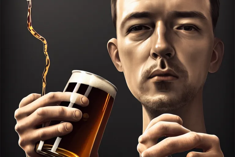 Prompt: portrait of Man drinking beer from steel can, elegant, highly detailed, smooth, photoreal, sharp focus, illustration, beautiful, geometric, dmt trending on artstation, cinematic, artwork by WLOP