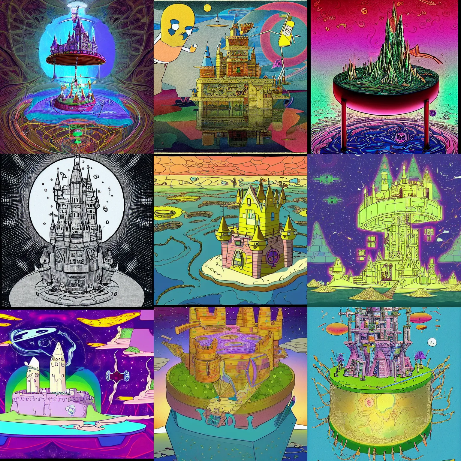 Prompt: a floating castle with tapestries of a gravimetric shear in spacetime viewed through the fractal lens of adalasion monotronics influenced by the art stile of sir herbert mazelfritz in the early romantic period, in the world of adventure time, rick and morty, the widespread economic collapse of the early 1 9 0 0's, man playing guitar,