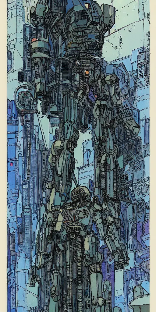 Image similar to mech suit. portrait by jean giraud and will eisner. realistic proportions. dystopian. cyberpunk, blade runner, concept art, cel shading