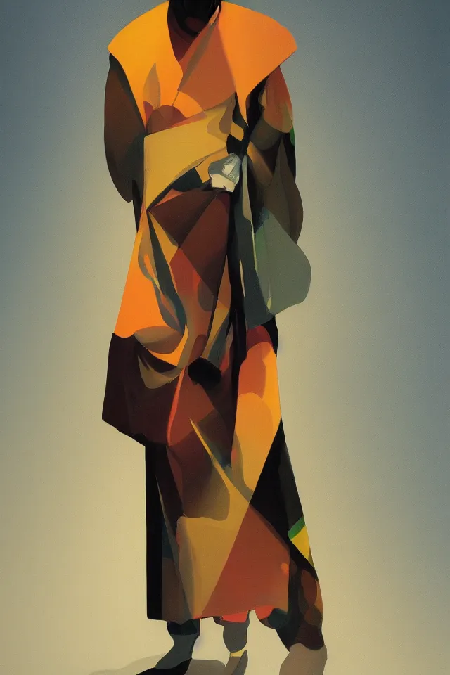 Prompt: chiaroscuro oil painting of a modern shaman, modern minimal isei miyake outfit, in the style of syd mead, jeremy cowart, concept art