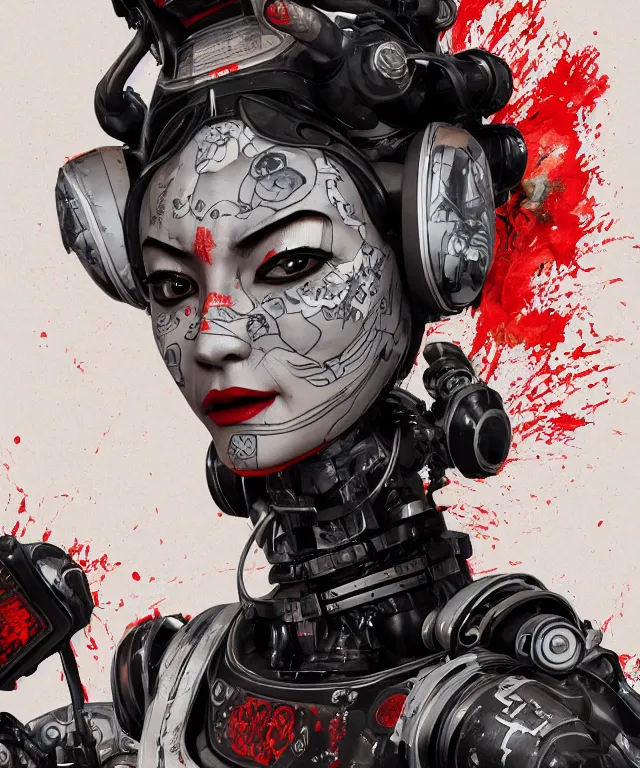 Image similar to an epic fantastic realism comic book style portrait painting of a japanese robotic geisha with kanji tattoos and decals, apex legends, octane render, intricate detail, 4 k hd, unreal engine 5, ex machina, irobot