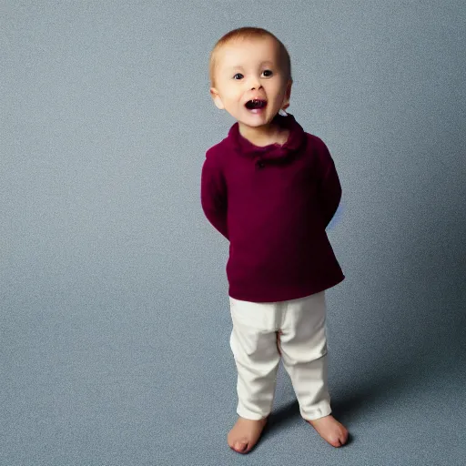 Prompt: a 2 year old kid on a white background standing