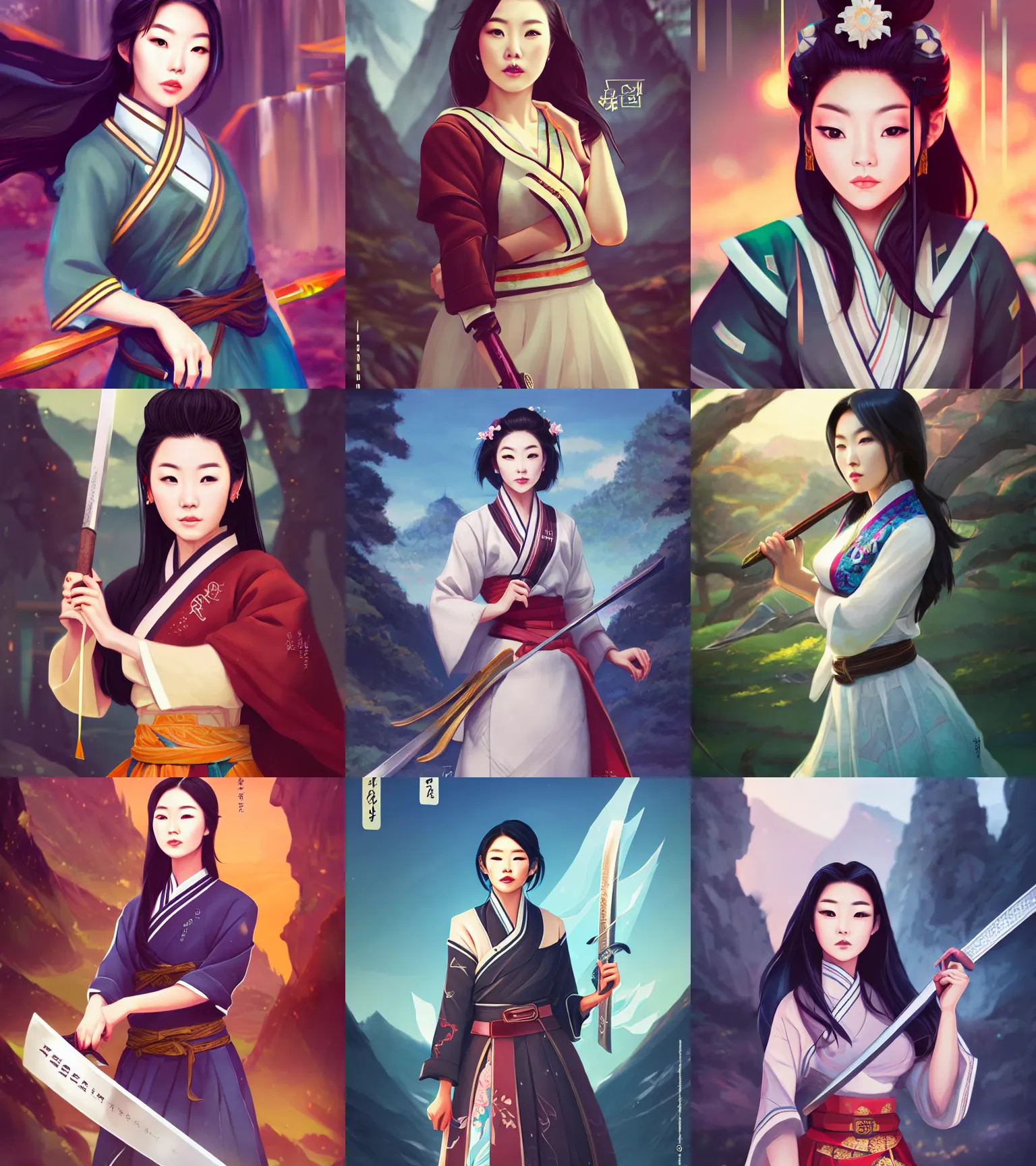 Prompt: a portrait of arden cho chef character in a scenic korean city environment by ross tran and loish, sharp focus, detailed, cinematic, hanbok, radiant korean sword in her right hand